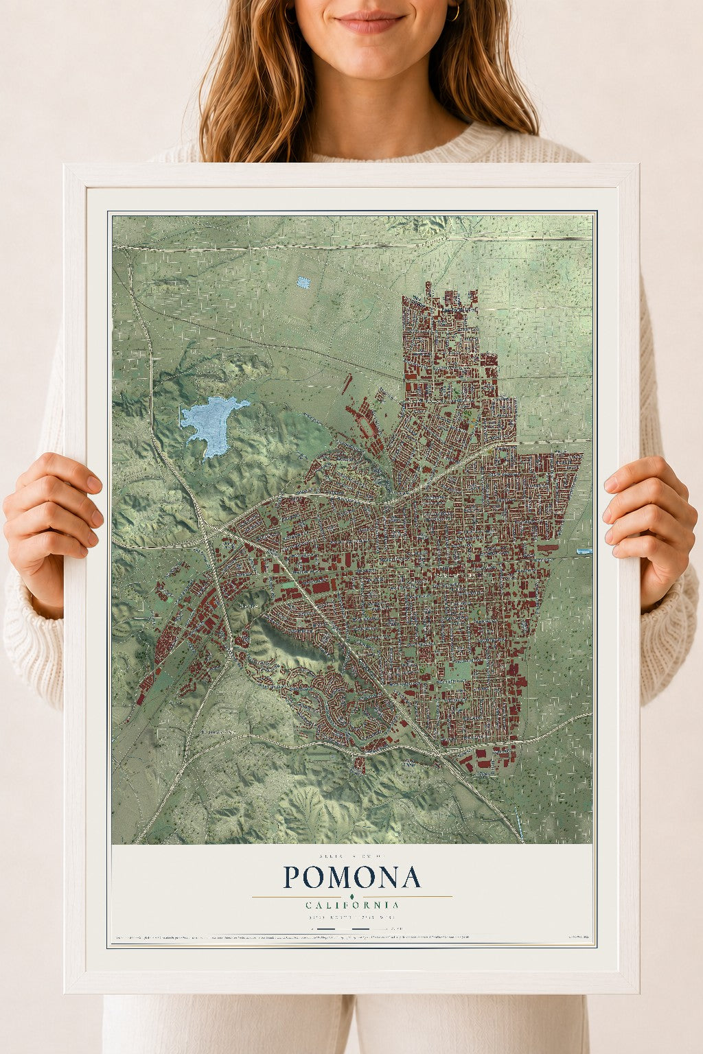 Map of Pomona, California, 18 x 24 inch print in a white wood frame