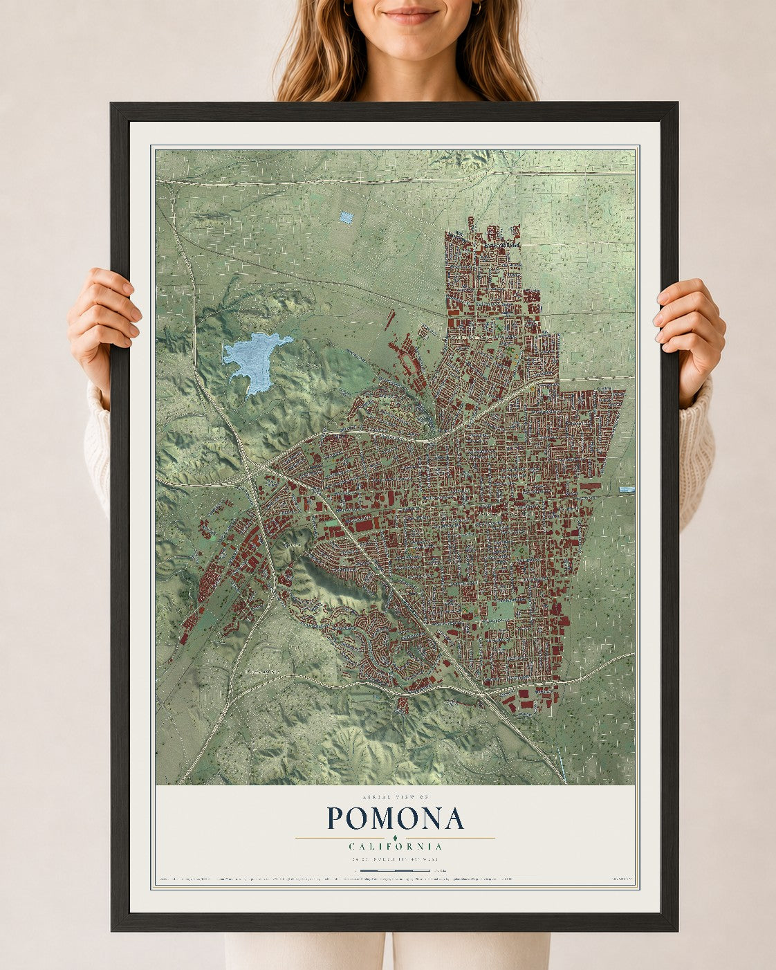 Map of Pomona, California, 24 x 36 inch print in a black wood frame
