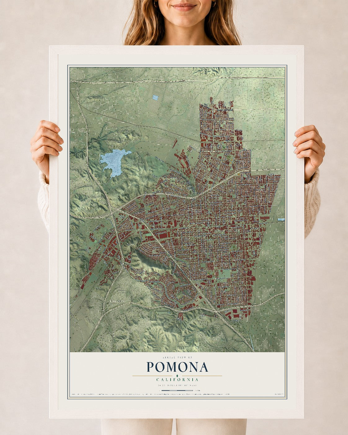 Map of Pomona, California, 24 x 36 inch print in a white wood frame