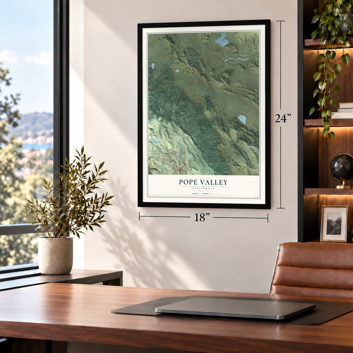 Pope Valley, California map, 18 x 24 inch print in a black frame in a home office