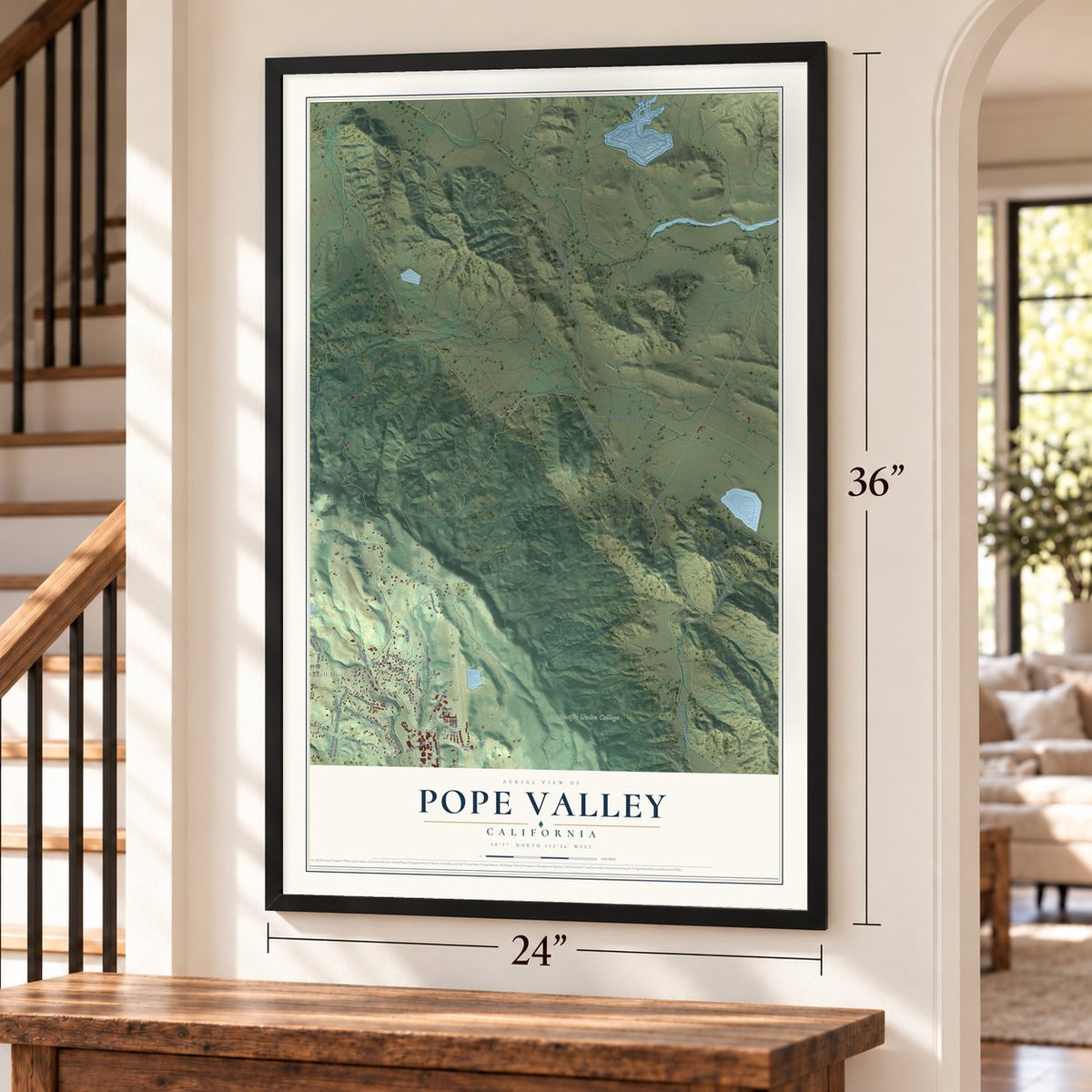 Pope Valley, California map, 24 x 36 inch print in a black frame by a staircase