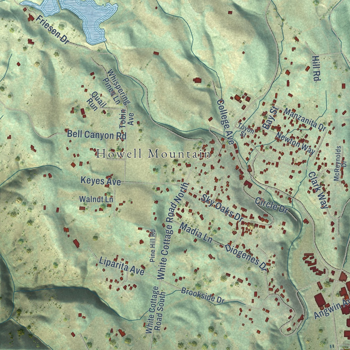 Close-up of the map of Pope Valley, California print showing street and building detail