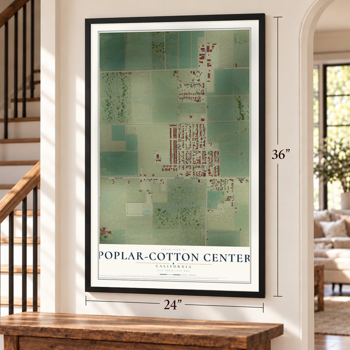 Poplar-Cotton Center, California map, 24 x 36 inch print in a black frame by a staircase