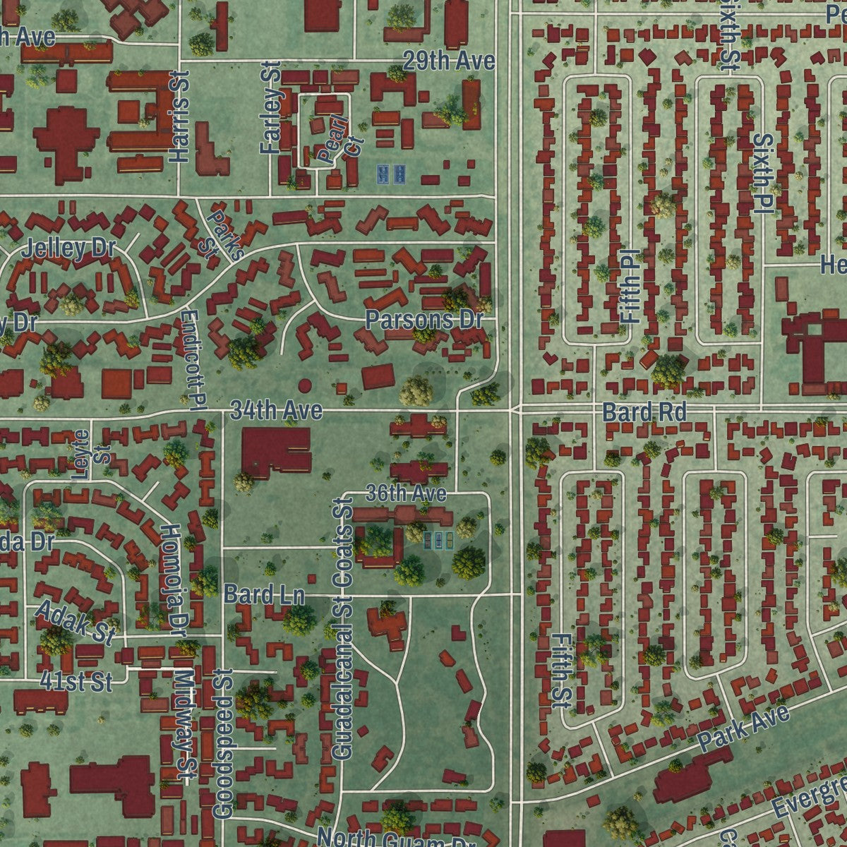 Close-up of the map of Port Hueneme, California print showing street and building detail