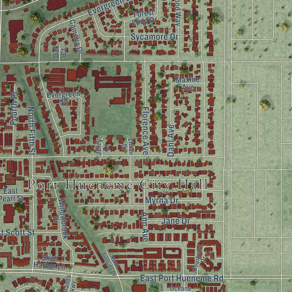 Second close-up of the map of Port Hueneme, California print showing more streets and buildings