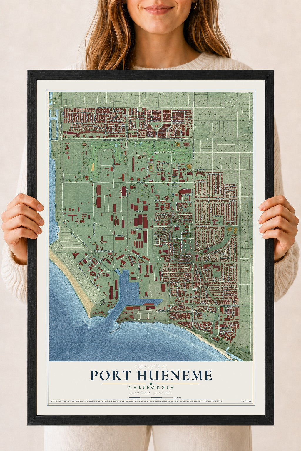 Map of Port Hueneme, California, 18 x 24 inch print in a black wood frame