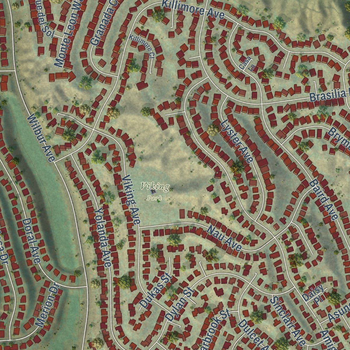 Close-up of the map of Porter Ranch, California print showing street and building detail