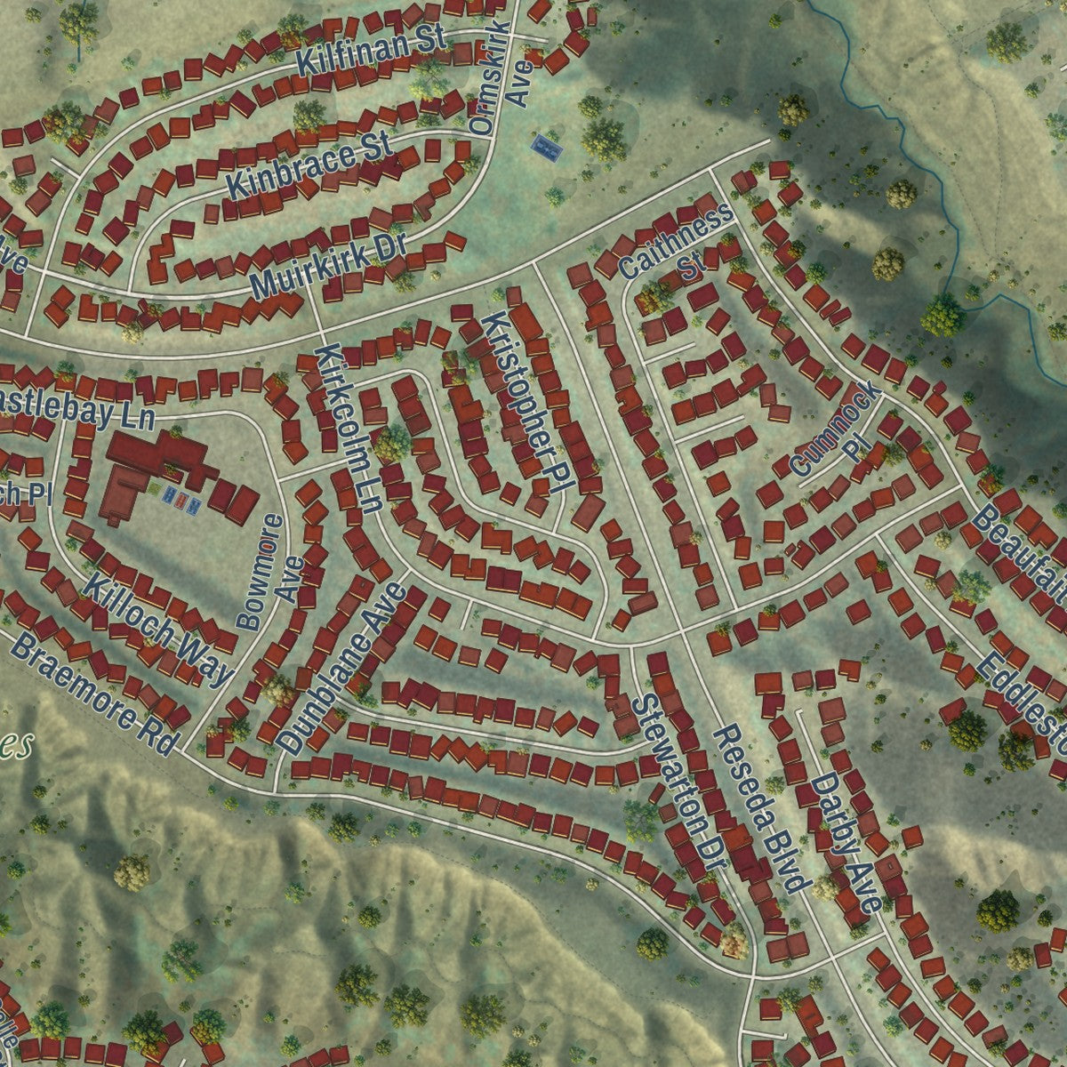 Second close-up of the map of Porter Ranch, California print showing more streets and buildings