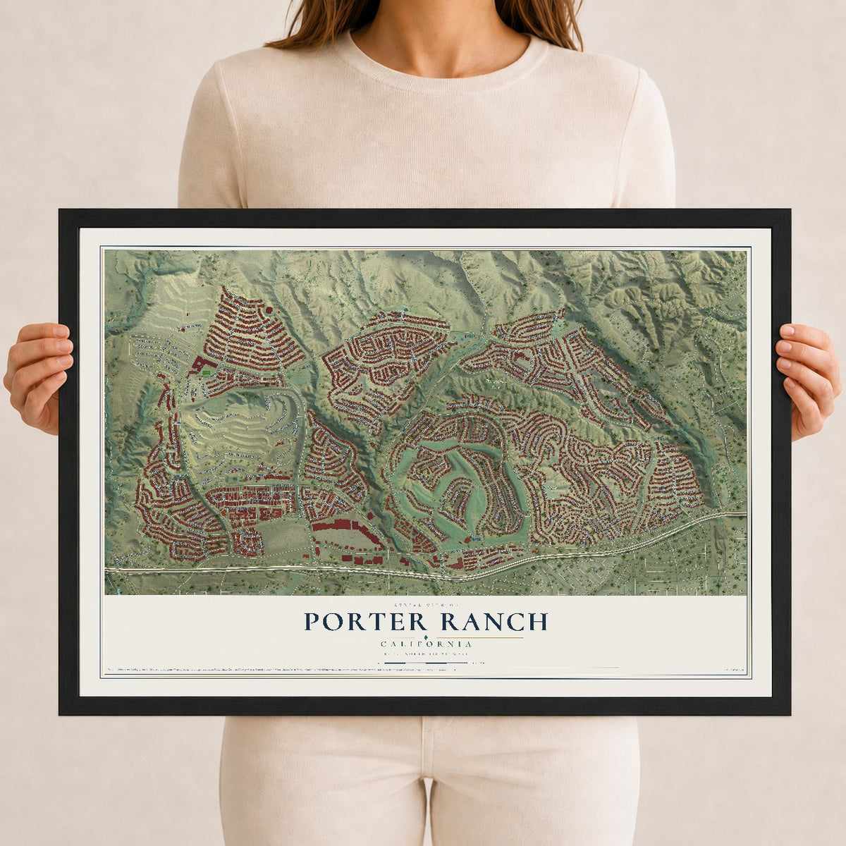 Map of Porter Ranch, California, 12 x 18 inch print in a black wood frame