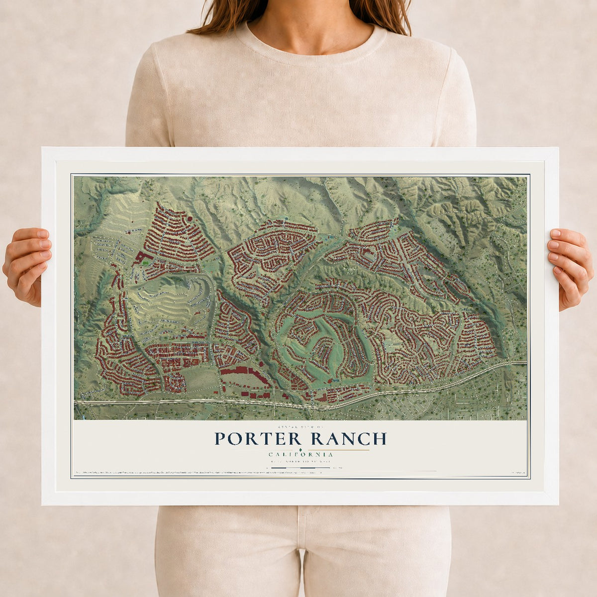 Map of Porter Ranch, California, 12 x 18 inch print in a white wood frame