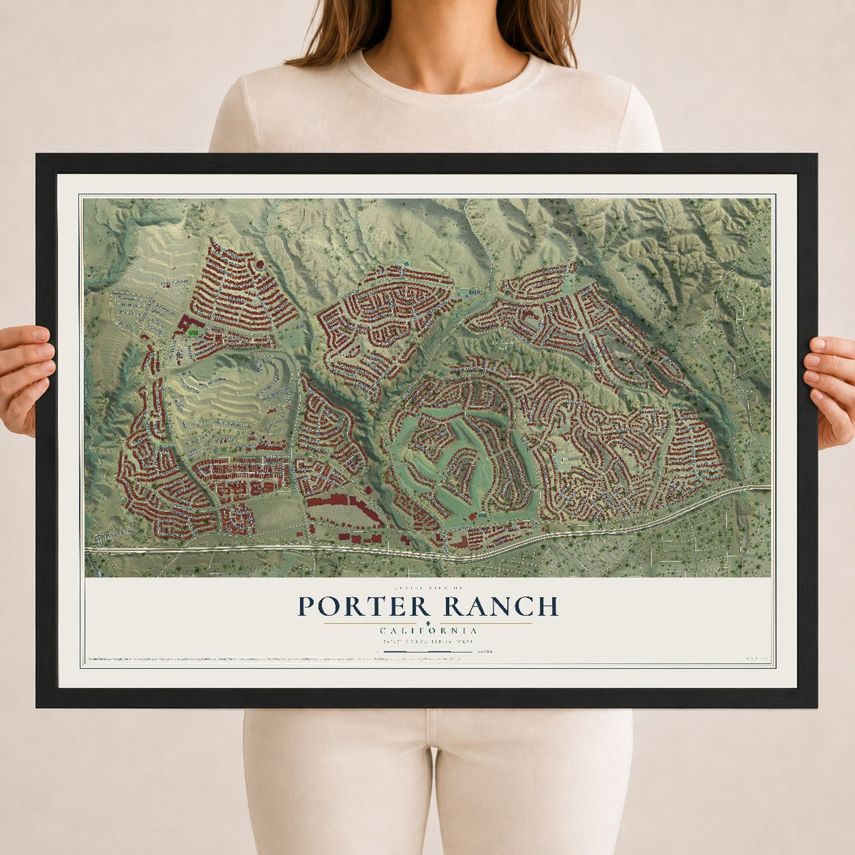 Map of Porter Ranch, California, 18 x 24 inch print in a black wood frame
