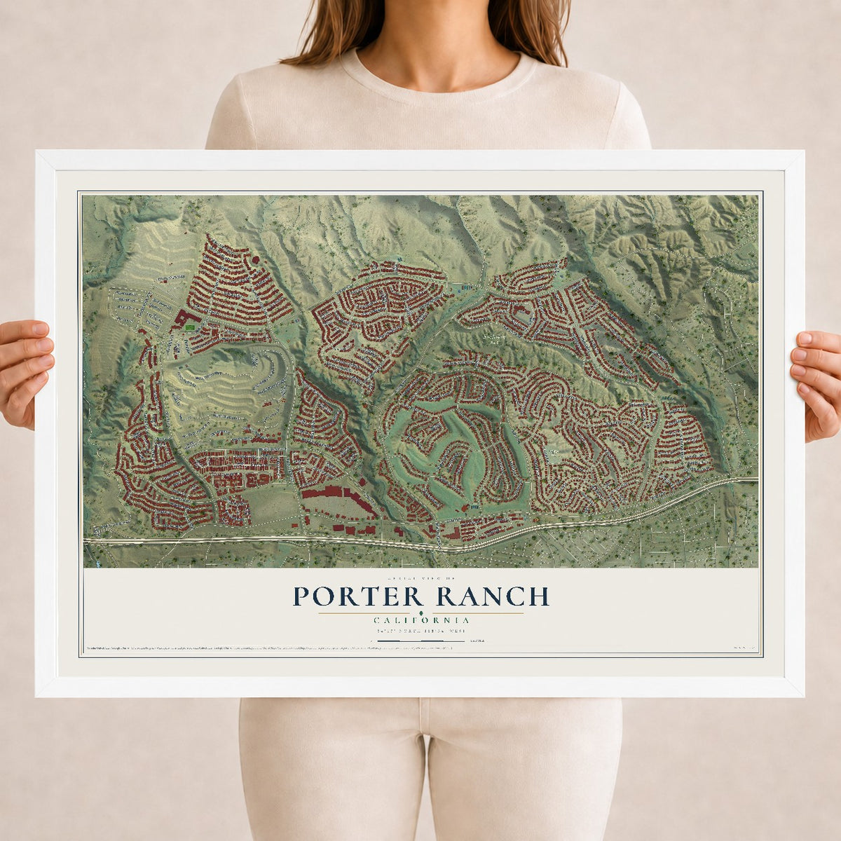 Map of Porter Ranch, California, 18 x 24 inch print in a white wood frame