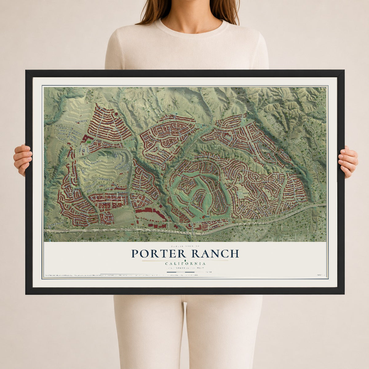 Map of Porter Ranch, California, 24 x 36 inch print in a black wood frame