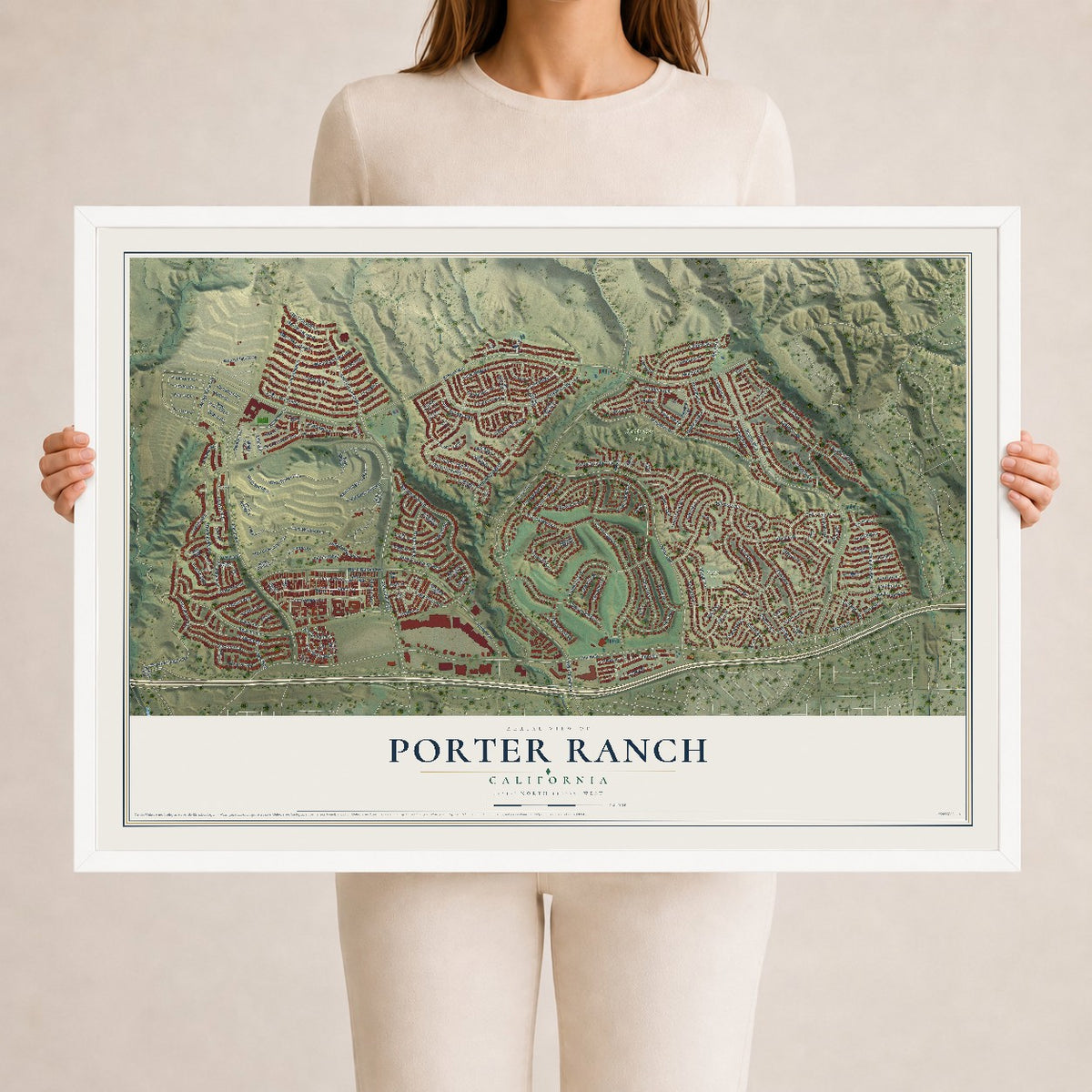Map of Porter Ranch, California, 24 x 36 inch print in a white wood frame