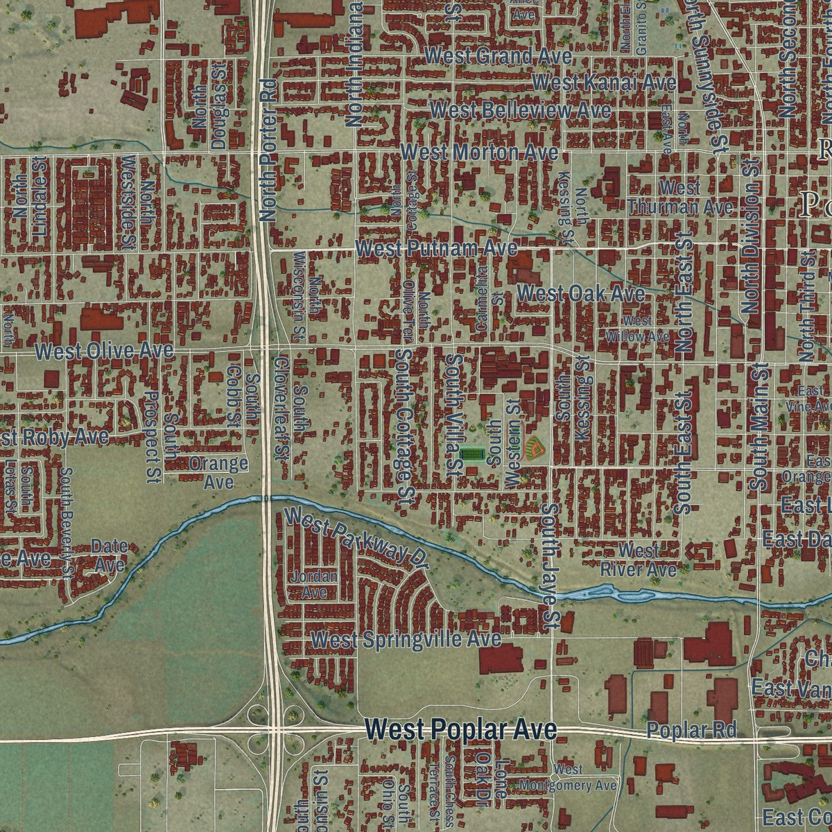 Close-up of the map of Porterville, California print showing street and building detail