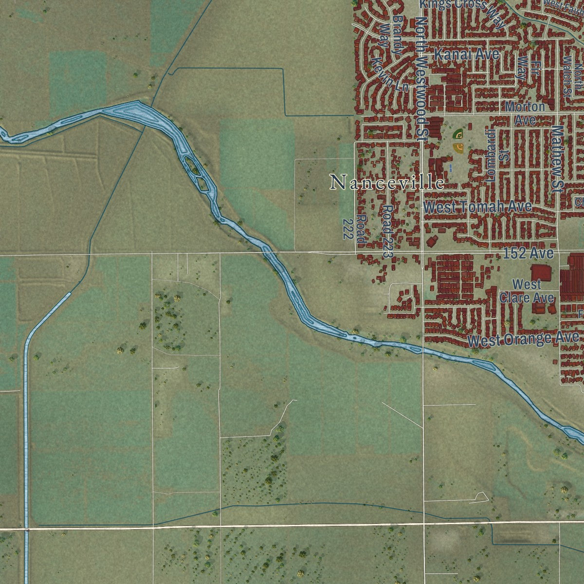 Second close-up of the map of Porterville, California print showing more streets and buildings