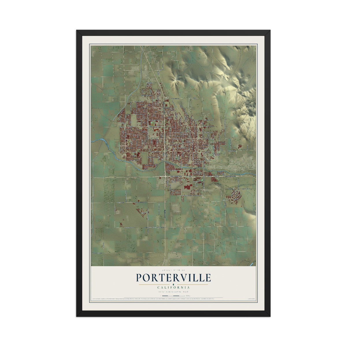 Map of Porterville, California, 12 x 18 inch print in a black wood frame