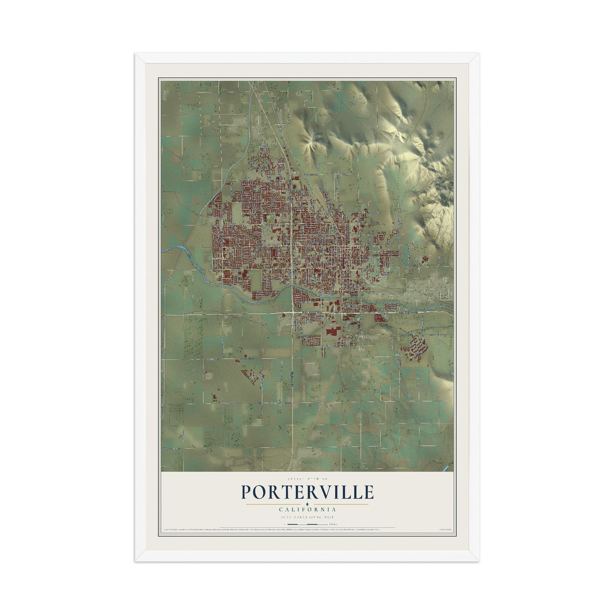 Map of Porterville, California, 12 x 18 inch print in a white wood frame