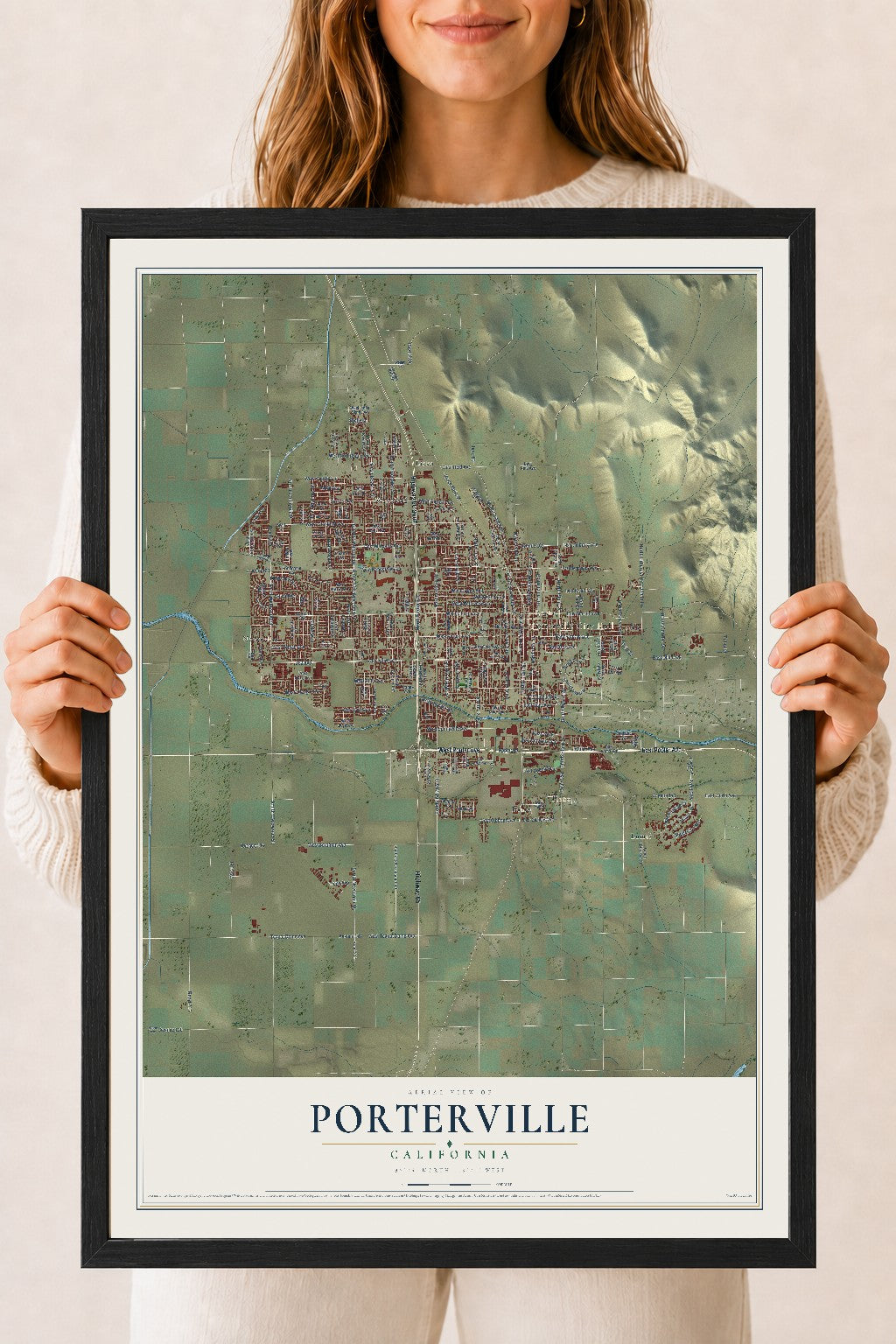 Map of Porterville, California, 18 x 24 inch print in a black wood frame