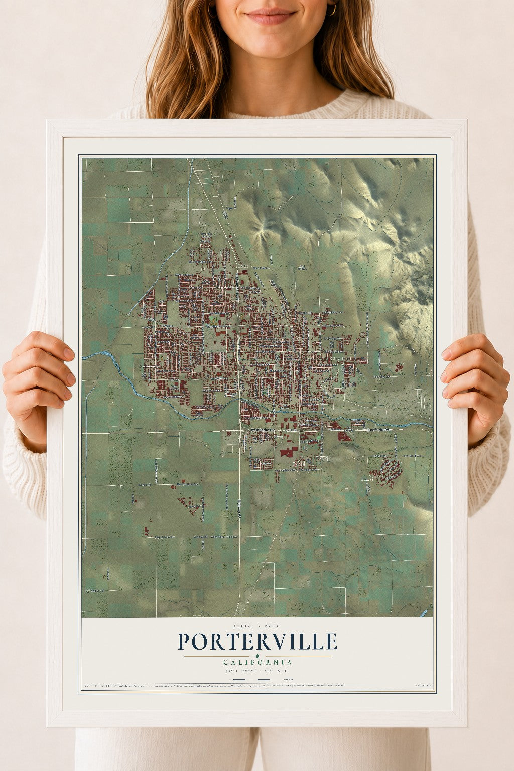 Map of Porterville, California, 18 x 24 inch print in a white wood frame