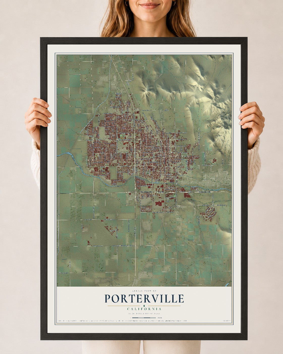 Map of Porterville, California, 24 x 36 inch print in a black wood frame