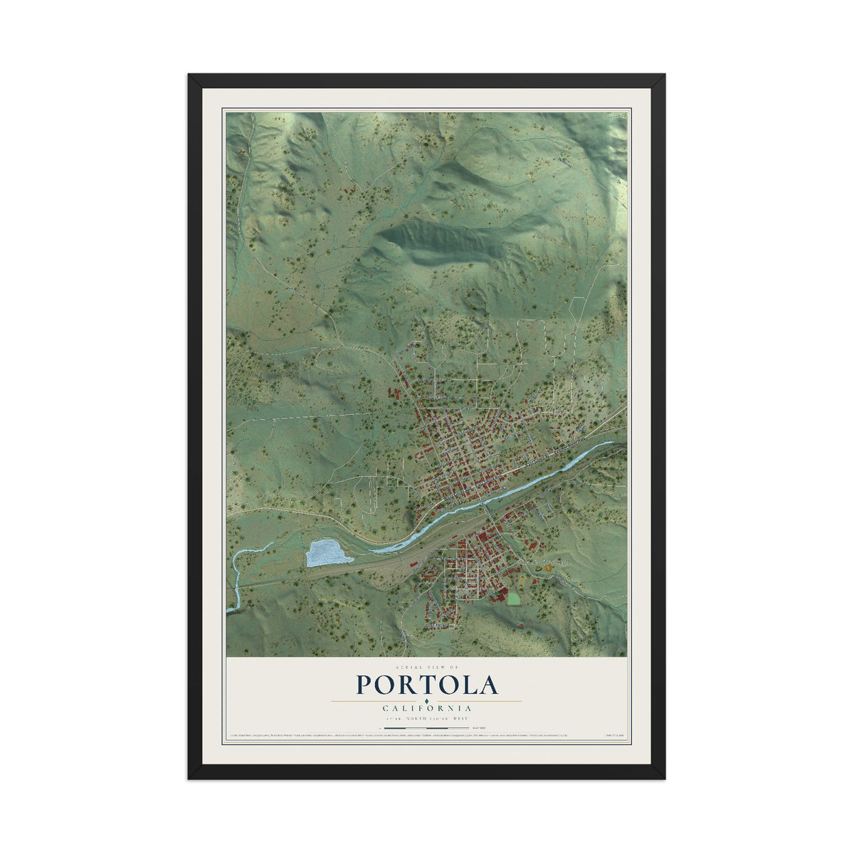 Map of Portola, California, 12 x 18 inch print in a black wood frame