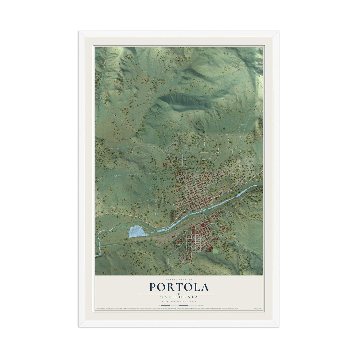 Map of Portola, California, 12 x 18 inch print in a white wood frame