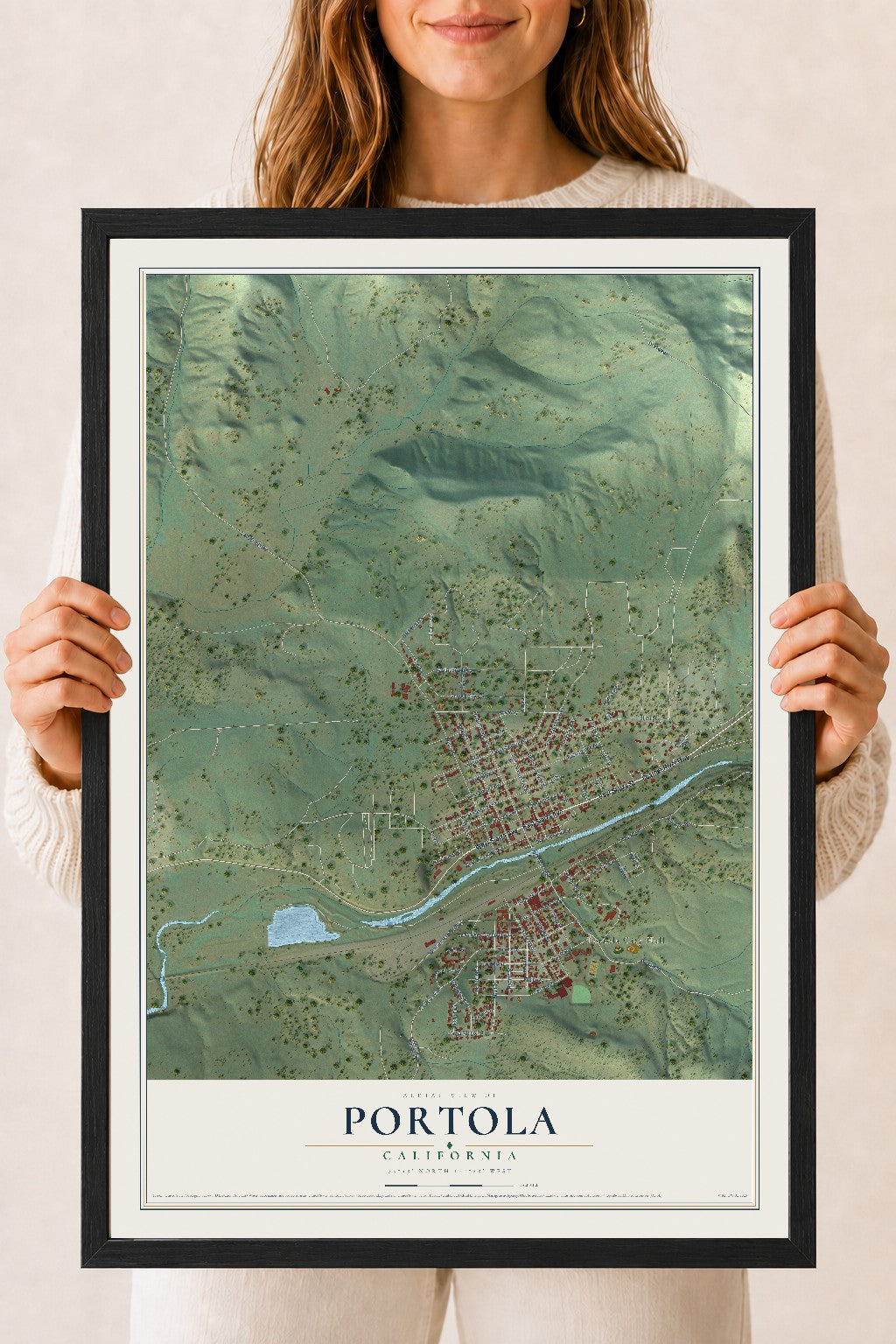 Map of Portola, California, 18 x 24 inch print in a black wood frame