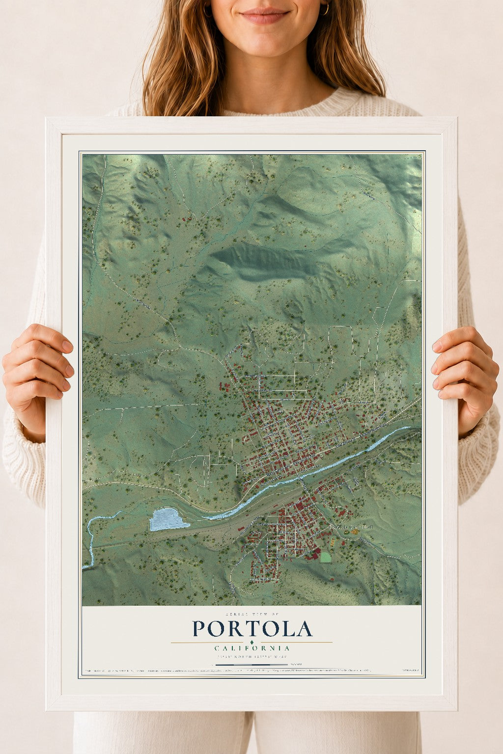 Map of Portola, California, 18 x 24 inch print in a white wood frame