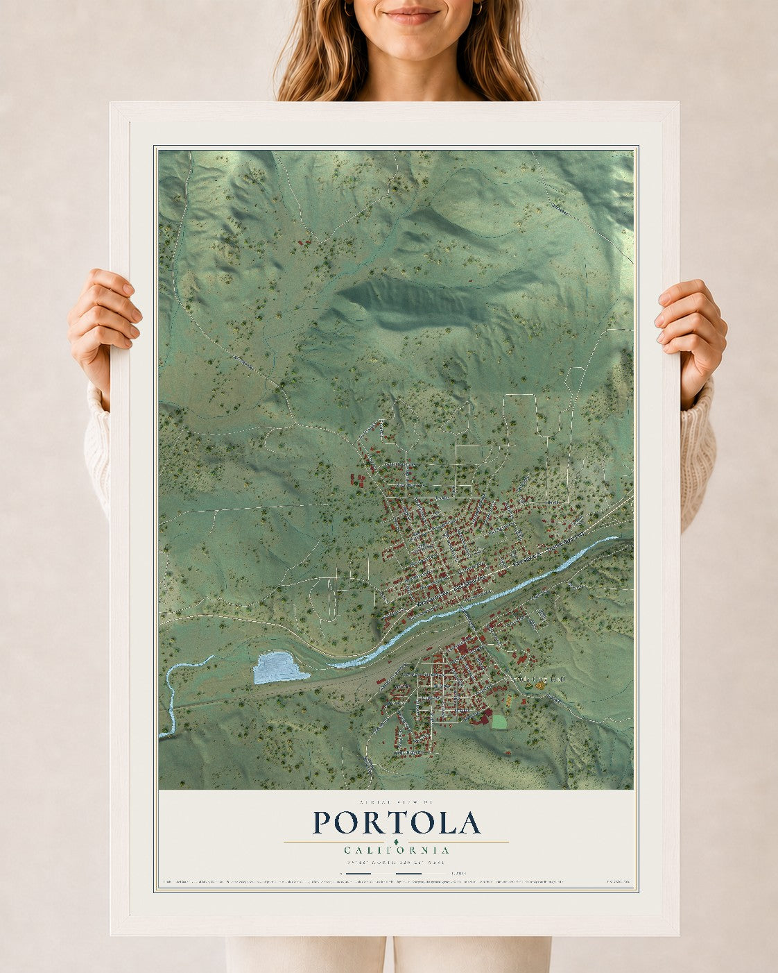 Map of Portola, California, 24 x 36 inch print in a white wood frame