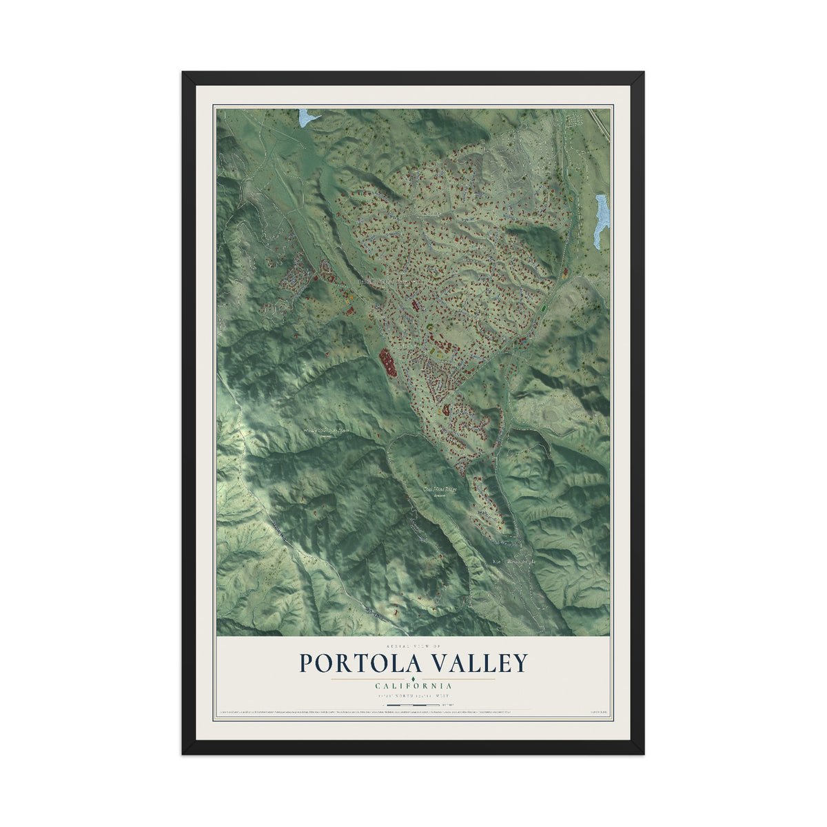 Map of Portola Valley, California, 12 x 18 inch print in a black wood frame