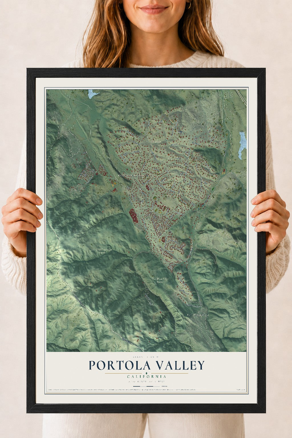 Map of Portola Valley, California, 18 x 24 inch print in a black wood frame