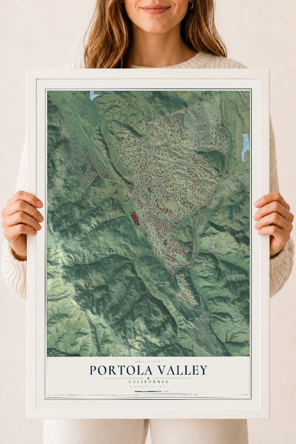 Map of Portola Valley, California, 18 x 24 inch print in a white wood frame