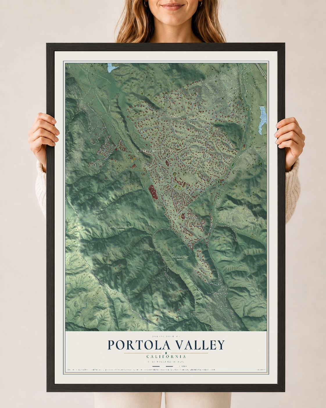 Map of Portola Valley, California, 24 x 36 inch print in a black wood frame