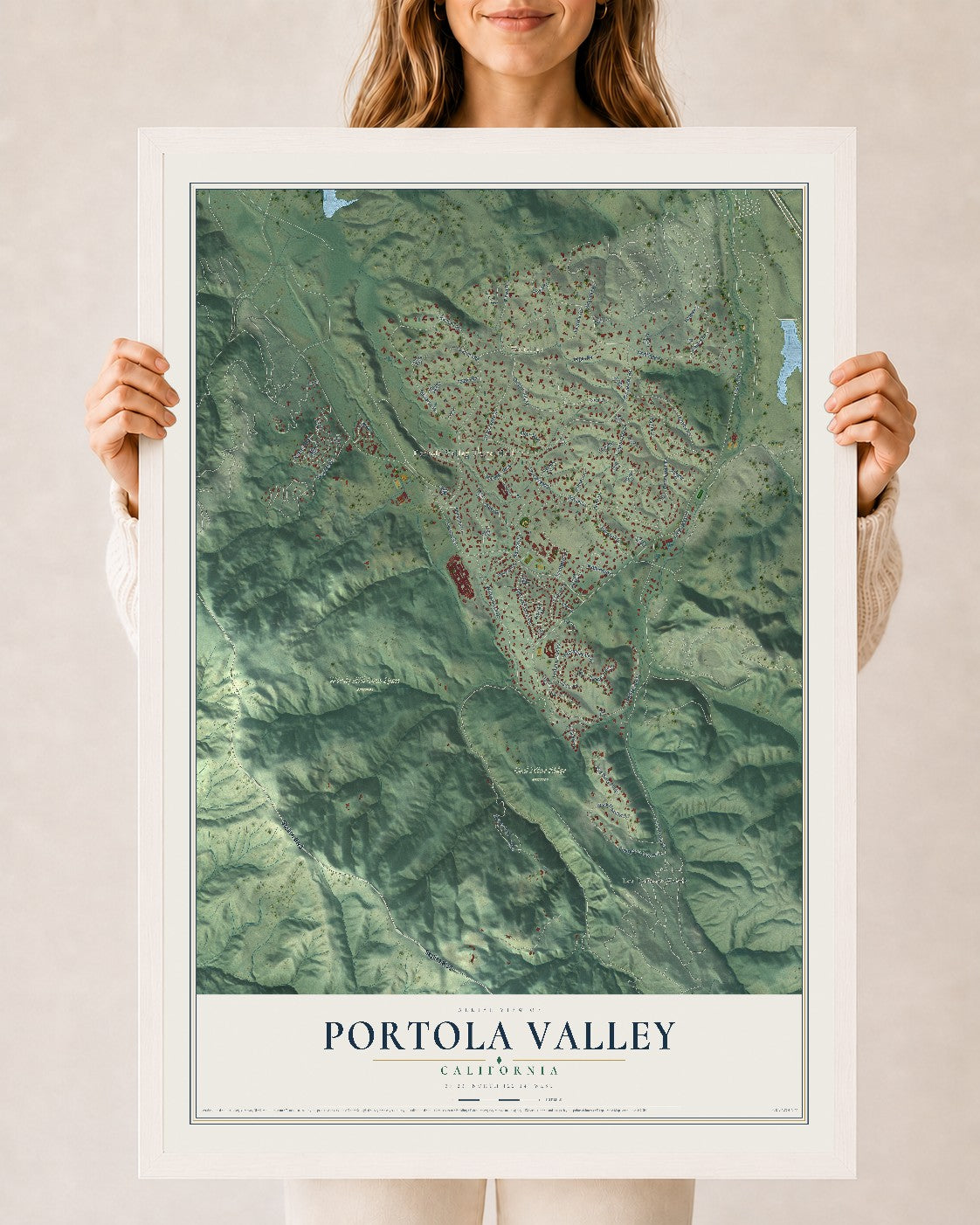 Map of Portola Valley, California, 24 x 36 inch print in a white wood frame
