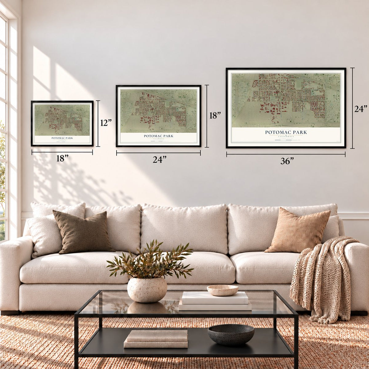 Potomac Park, California map in 12 x 18, 18 x 24 and 24 x 36 inch sizes above a sofa