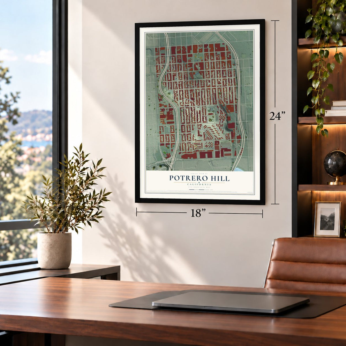 Potrero Hill, California map, 18 x 24 inch print in a black frame in a home office
