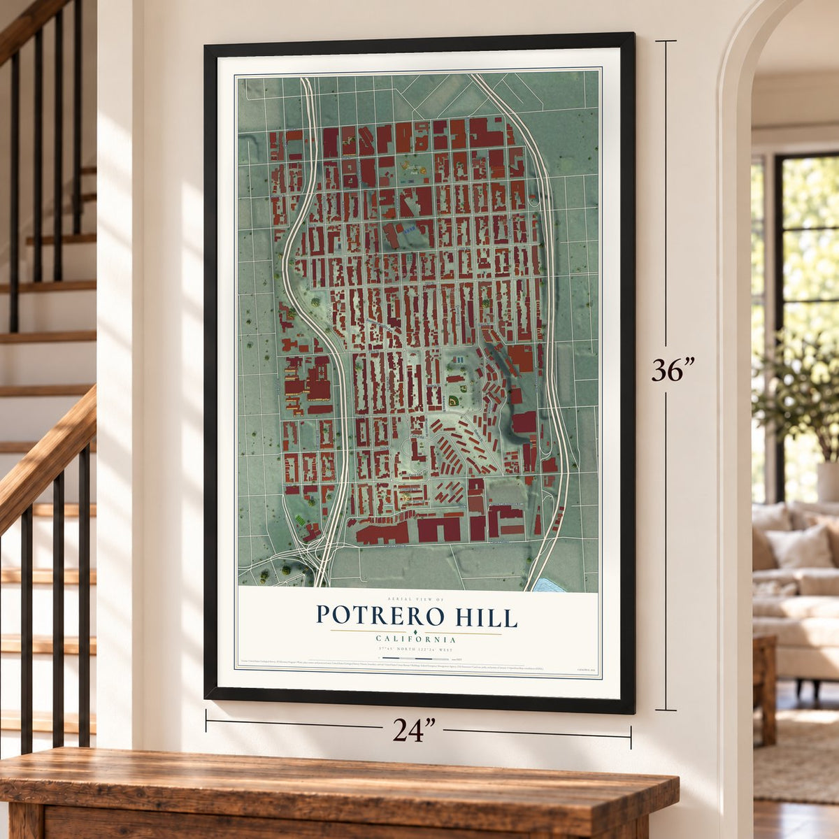 Potrero Hill, California map, 24 x 36 inch print in a black frame by a staircase