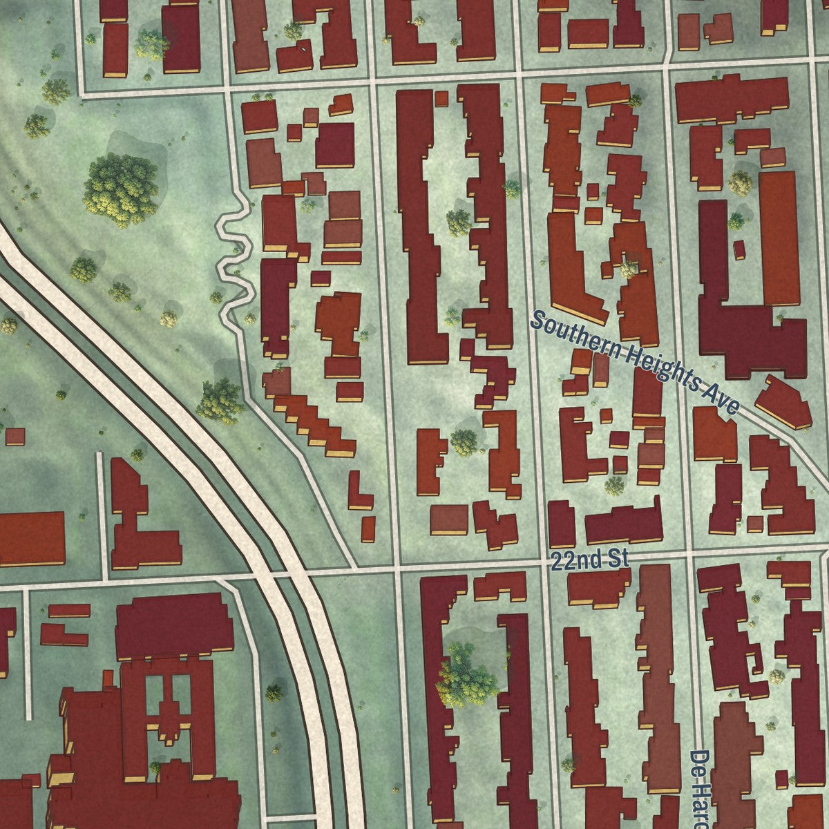 Close-up of the map of Potrero Hill, California print showing street and building detail