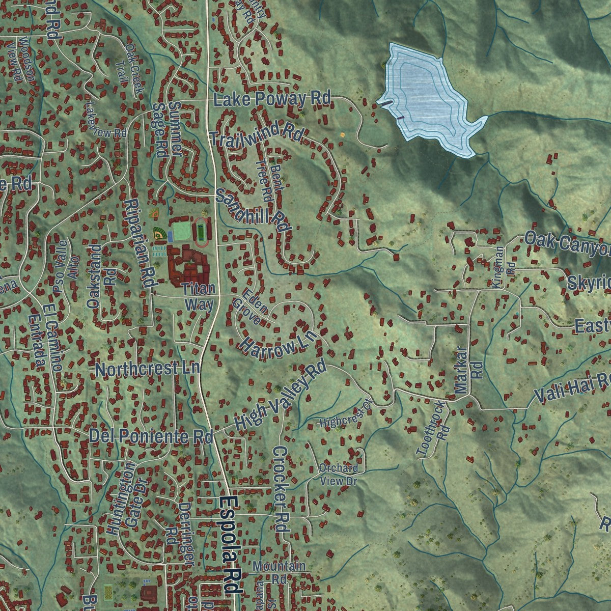 Second close-up of the map of Poway, California print showing more streets and buildings