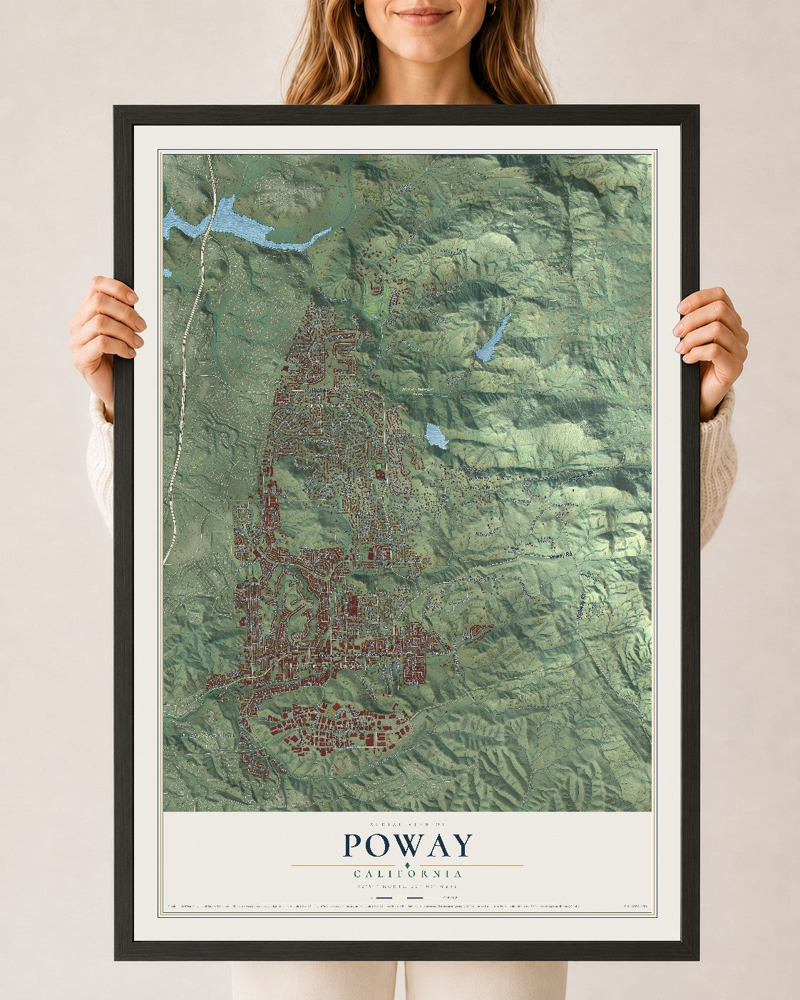 Map of Poway, California, 24 x 36 inch print in a black wood frame