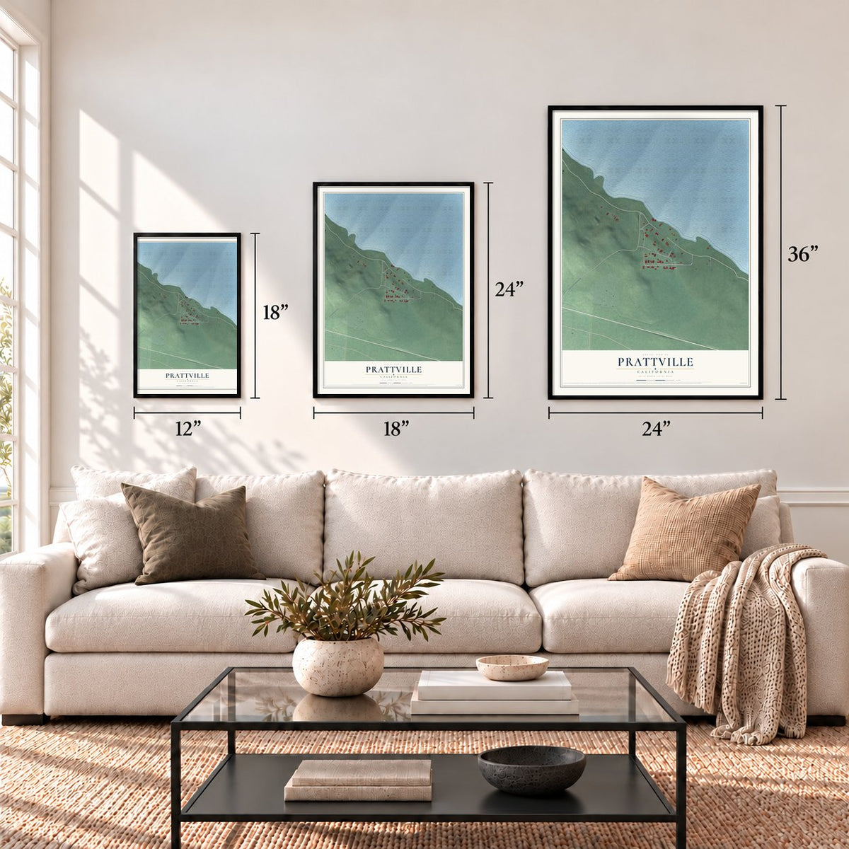 Prattville, California map in 12 x 18, 18 x 24 and 24 x 36 inch sizes above a sofa