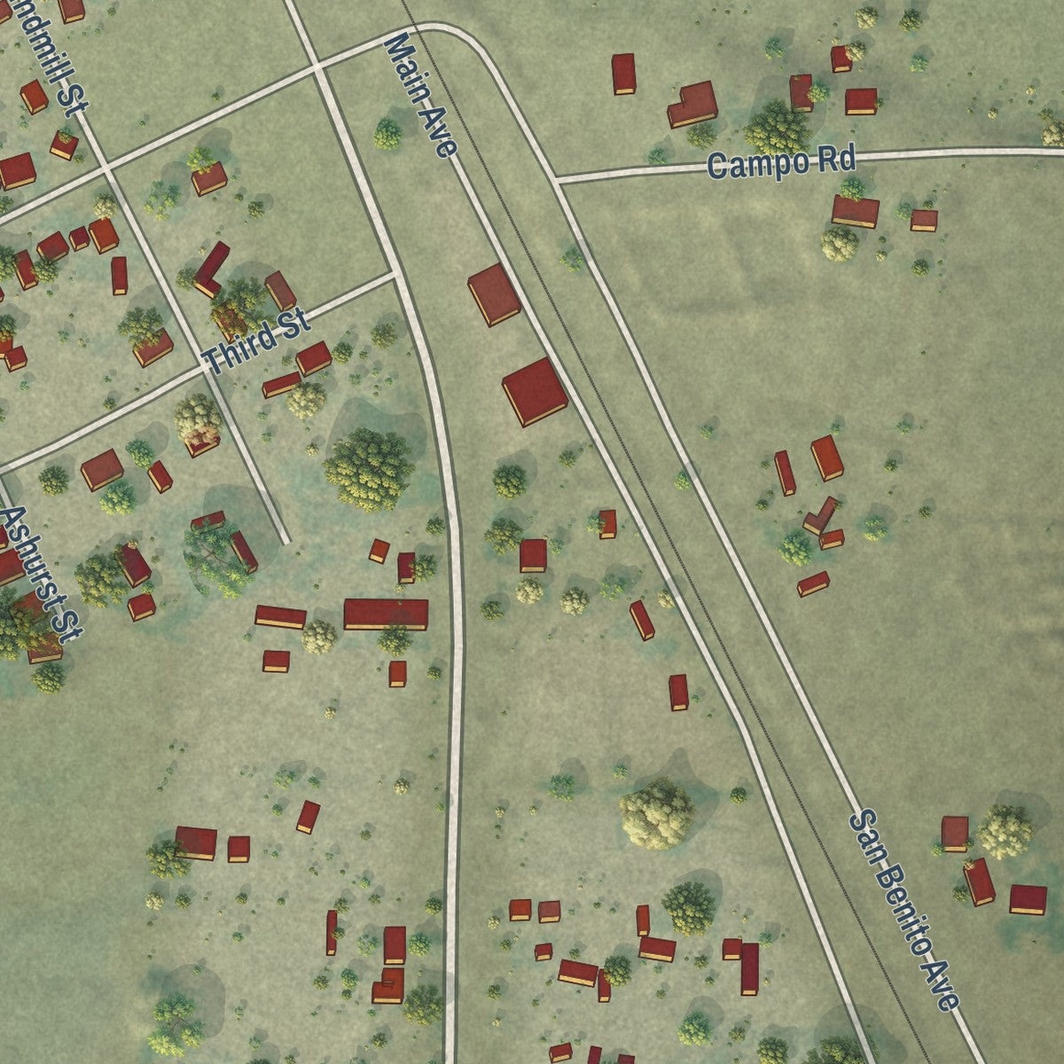Close-up of the map of Proberta, California print showing street and building detail