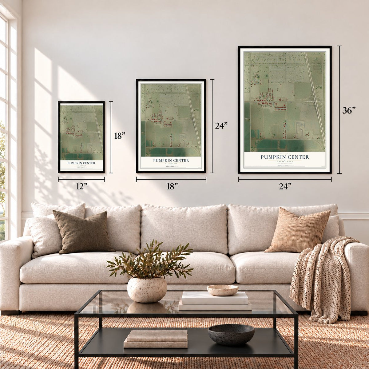 Pumpkin Center, California map in 12 x 18, 18 x 24 and 24 x 36 inch sizes above a sofa