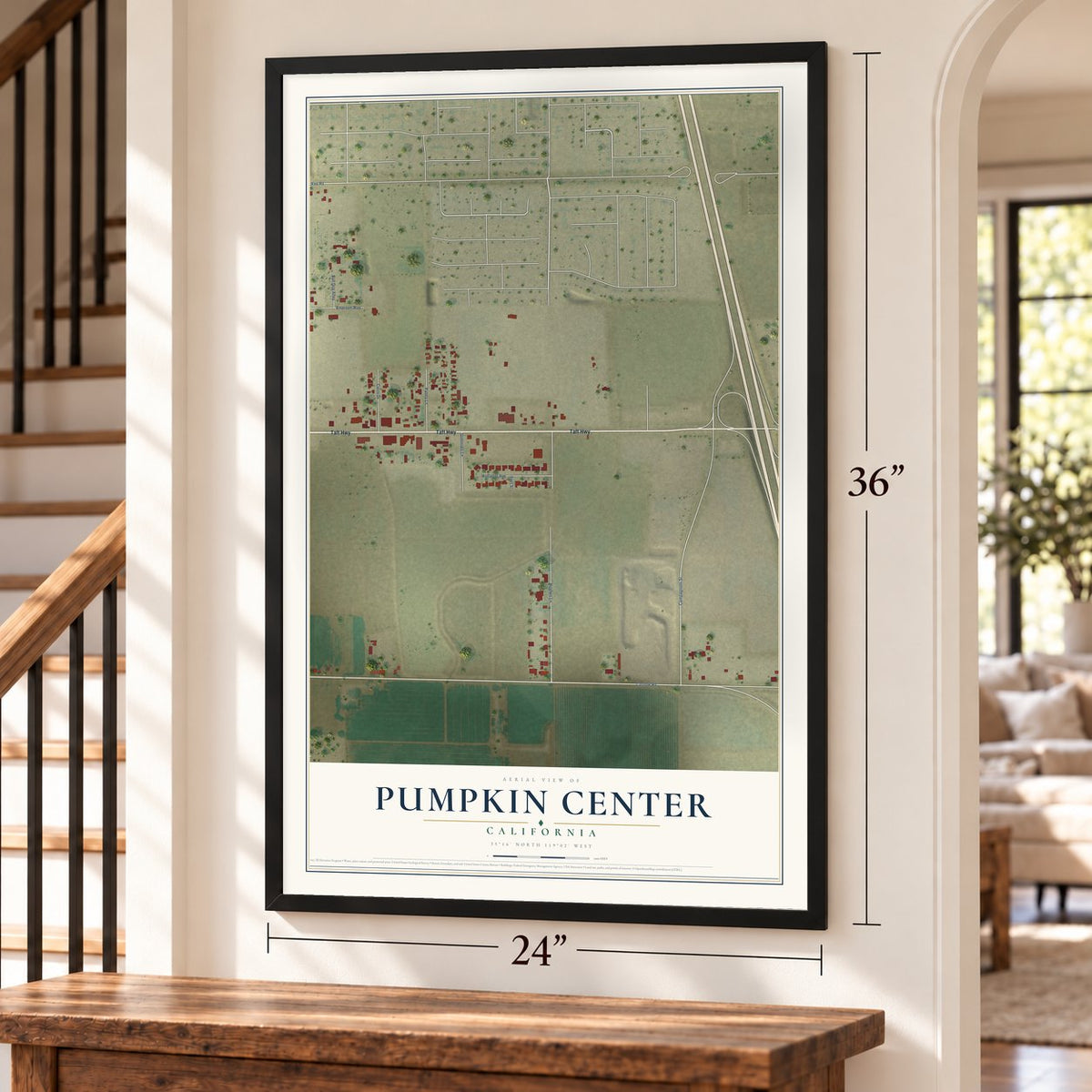 Pumpkin Center, California map, 24 x 36 inch print in a black frame by a staircase