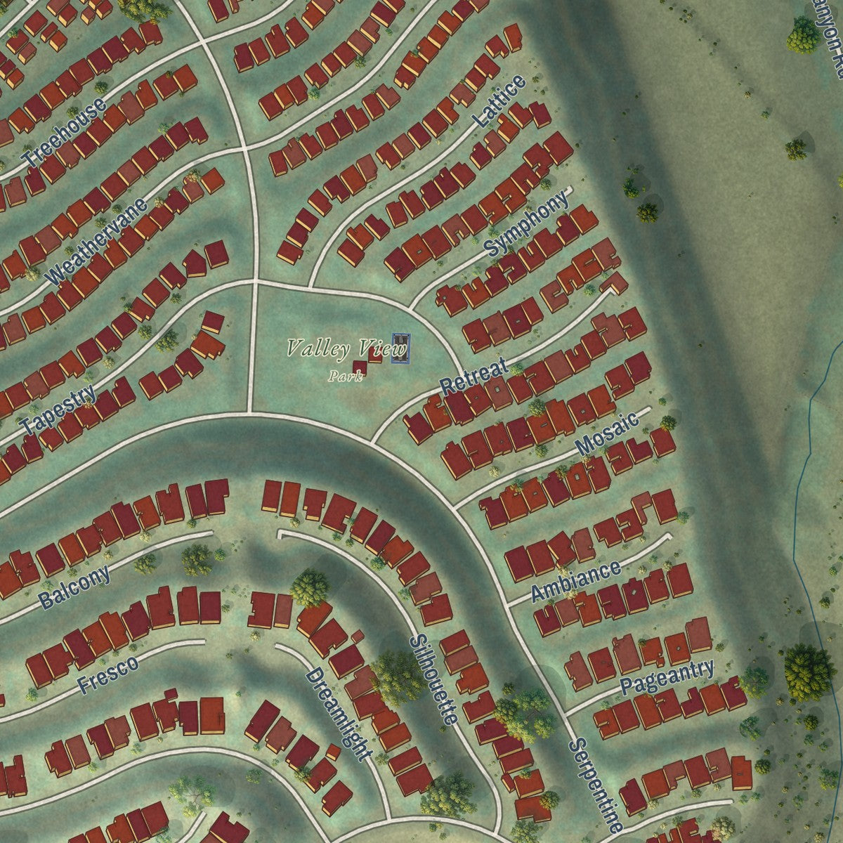Close-up of the map of Quail Hill, California print showing street and building detail