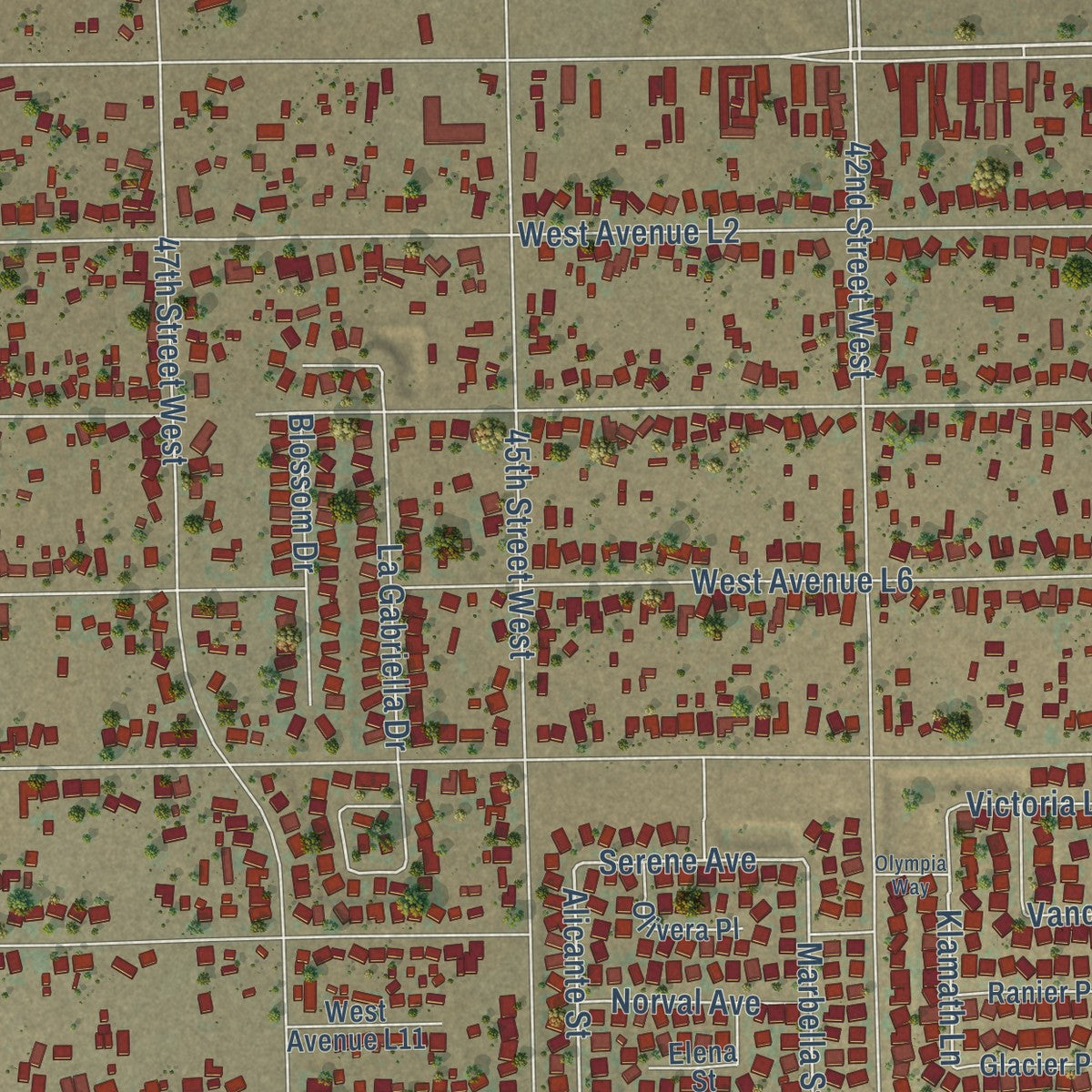 Close-up of the map of Quartz Hill, California print showing street and building detail