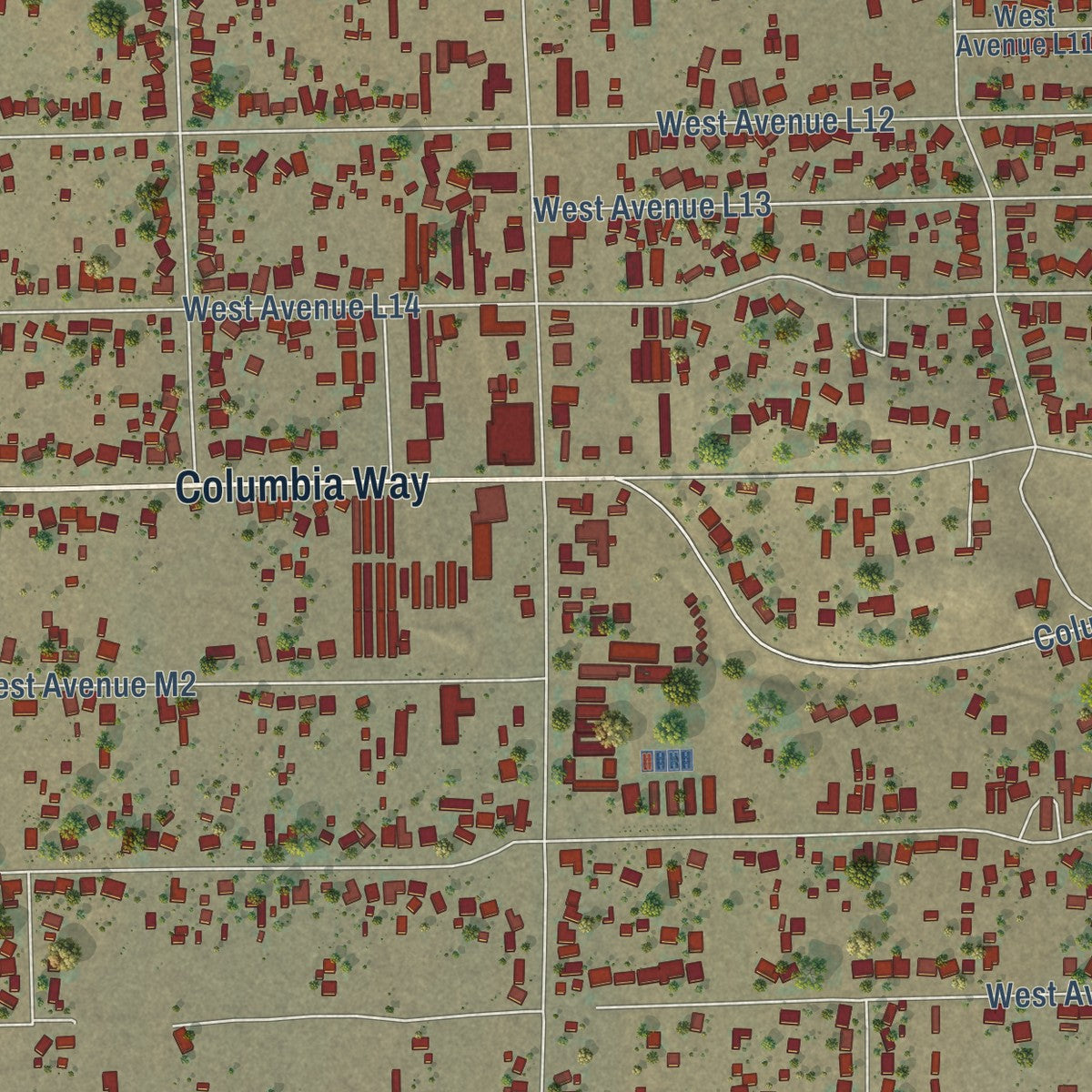Second close-up of the map of Quartz Hill, California print showing more streets and buildings