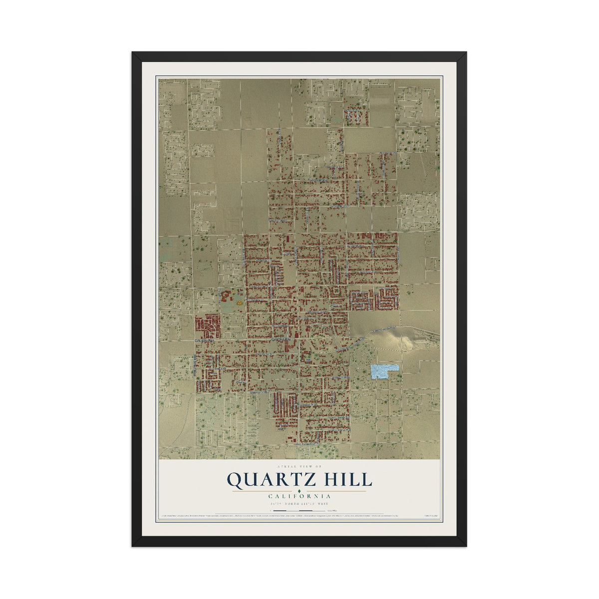 Map of Quartz Hill, California, 12 x 18 inch print in a black wood frame