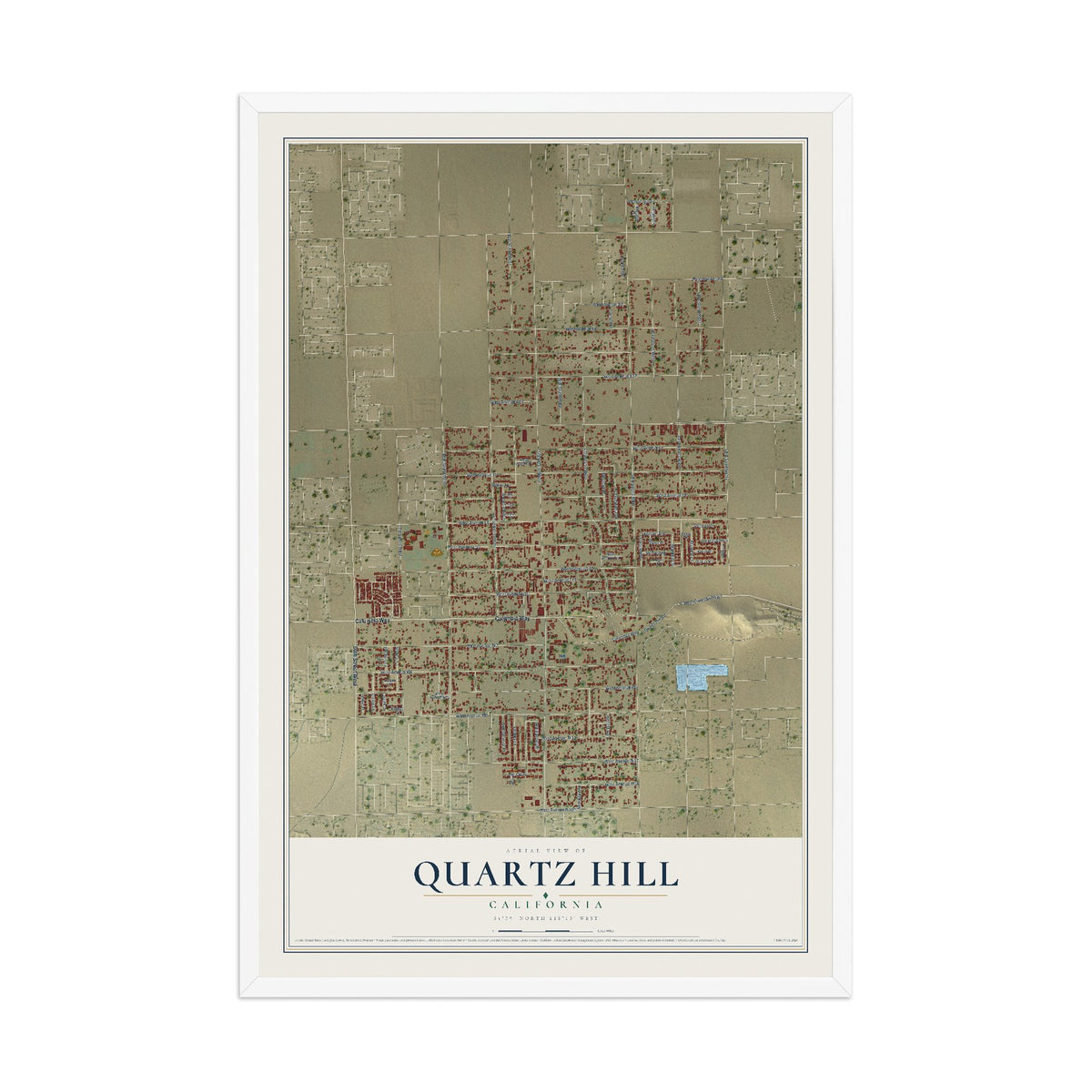 Map of Quartz Hill, California, 12 x 18 inch print in a white wood frame